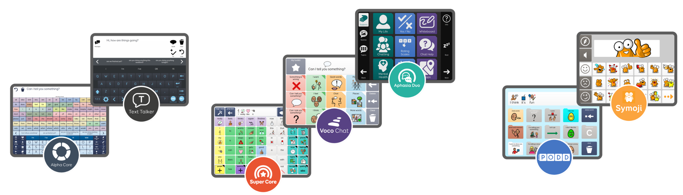 Screenshots of the Smartbox software apps listed above that are available in Grid for iPad