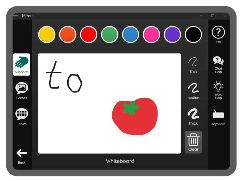 Aphasia Duo 16 Supports screen with whiteboard where someone has drawn a tomato