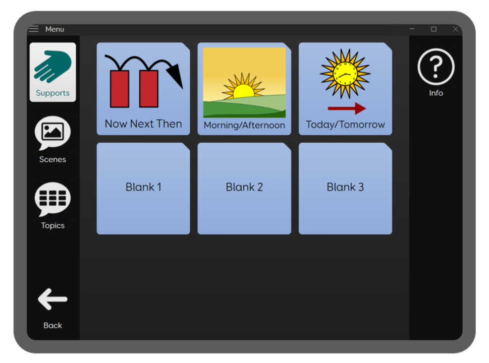 Aphasia Duo 9 Supports screen with communication icons relating to time