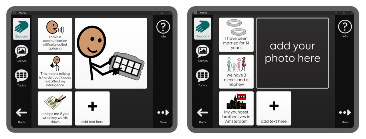 Aphasia Duo Supports screen with communication icons showing customisable capabilities