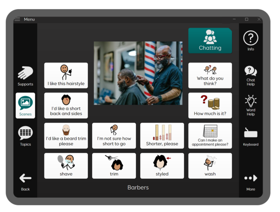 Aphasia Duo 9 Scenes screen with communication icons relating to getting a hair cut