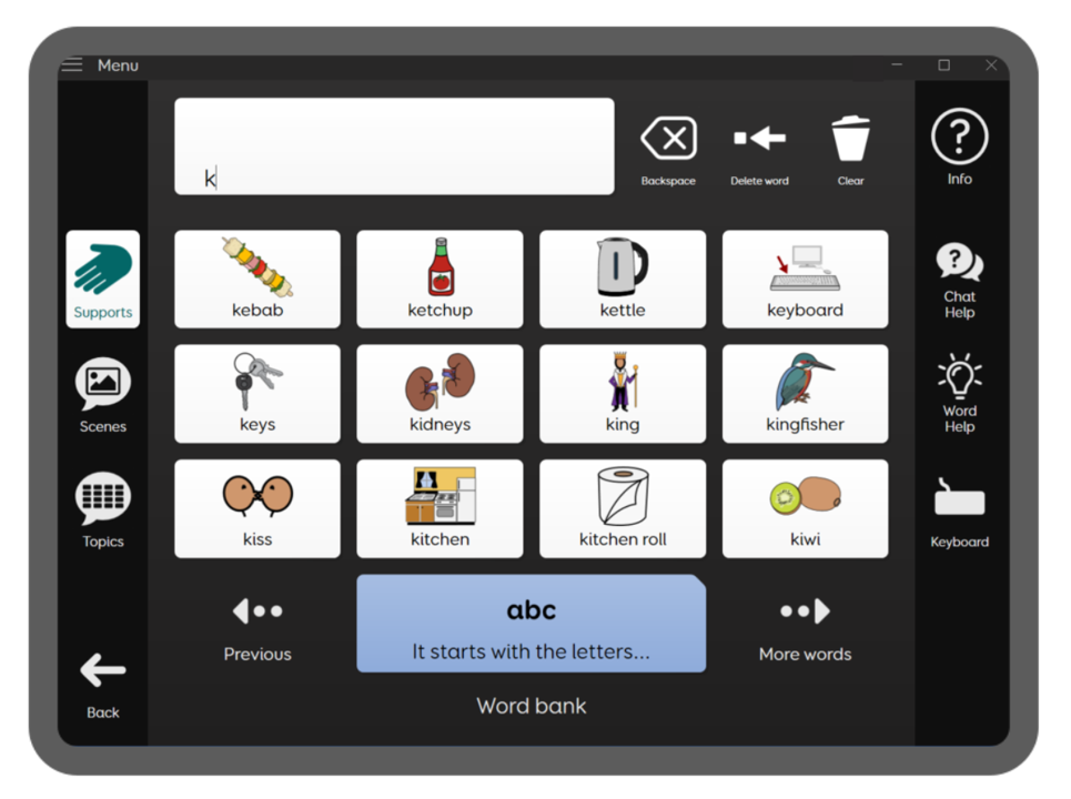 Aphasia Duo 9 Supports screen with communication icons starting with the letter K