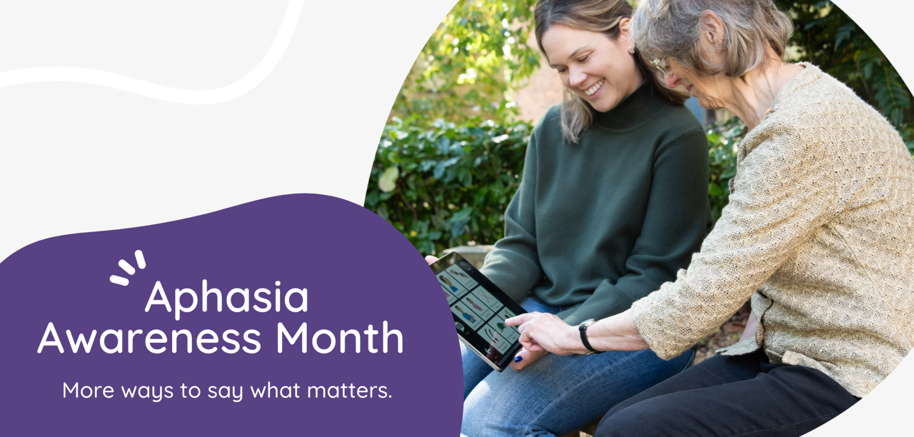 Aphasia Awareness Month 2026. Photo of two ladies sitting on a park bench look at a screen together showing Aphasia Duo software.