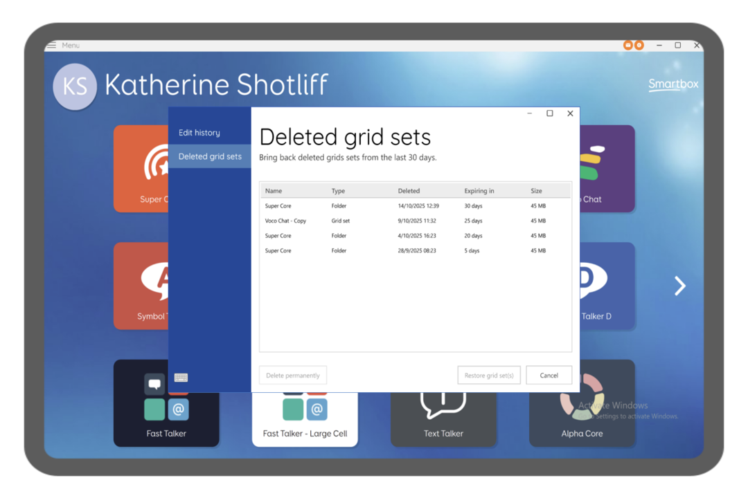 Katherine's screen showing deleted grid sets