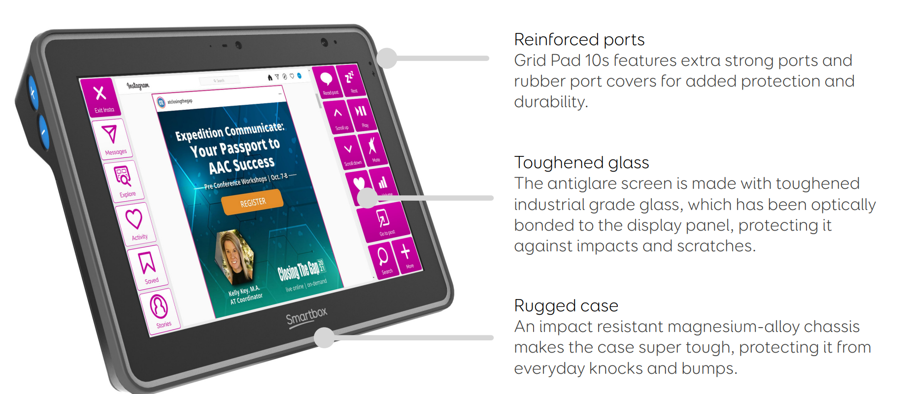 Reinfirced port for added protection and durability. Toughened Glass and Rugged Case