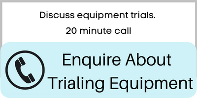 Enquire about trialing equipment. 20 Minutes. Light blue button with black text.