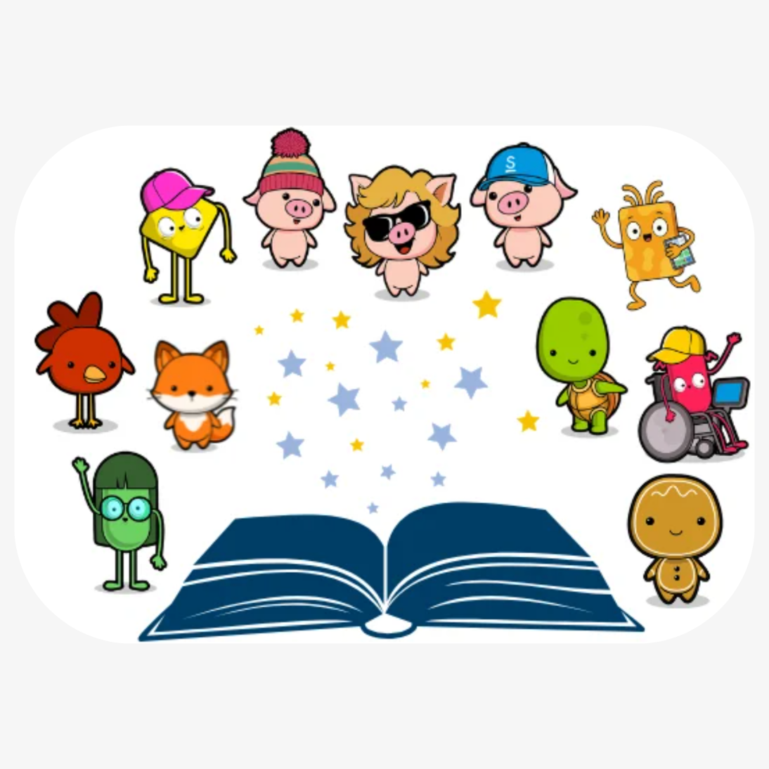 Read with me: Accessible Stories. Characters floating above an open book with stars