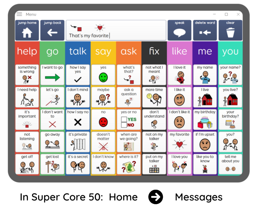 Screenshot of the Super Core Grid set showing colour-coded vocabulary for everyday communication.