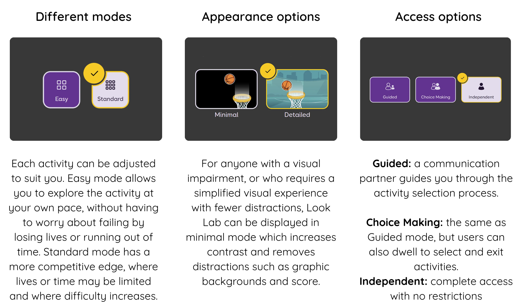 (1) Different modes: Each activity can be adjusted to suit you. Easy mode allows you to explore the activity at your own pace, without having to worry about failing by losing lives or running out of time. Standard mode has a more competitive edge, where lives or time may be limited and where difficulty increases. (2) Appearance options: For anyone with a visual impairment, or who requires a simplified visual experience with fewer distractions, Look Lab can be displayed in minimal mode which increases contrast and removes distractions such as graphic backgrounds and score. (3) Access options: Guided: a communication partner guides you through the activity selection process.  Choice Making: the same as Guided mode, but users can also dwell to select and exit activities.  Independent: complete access with no restrictions