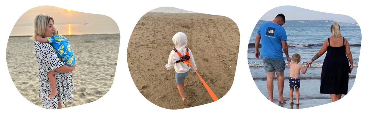 Three photos of a family at the beach