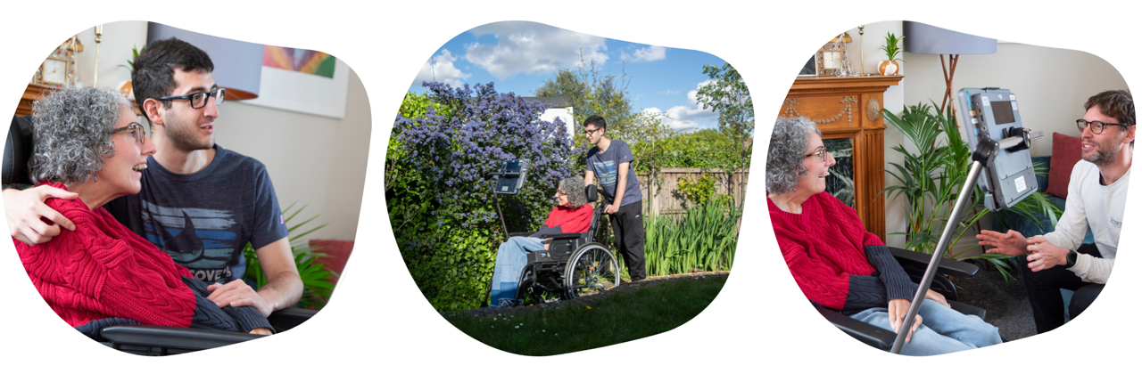 Three photos of Sarah (1) Sarah together with her son sitting down (2) Sarah with her son in a garden (3) Sarah with Dougal Hawes, Group CEO of Smartbox AAC