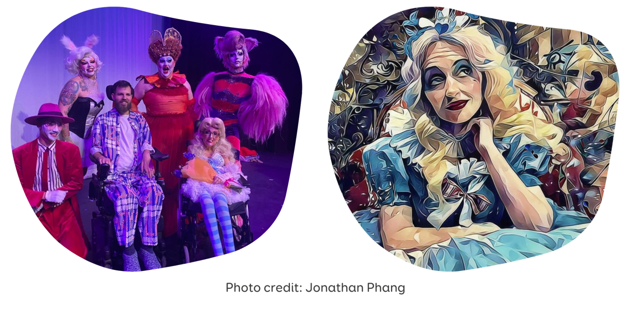 Two photos of Sarah's theatrical show Ms MaNDy’s Adventures in Wonderland