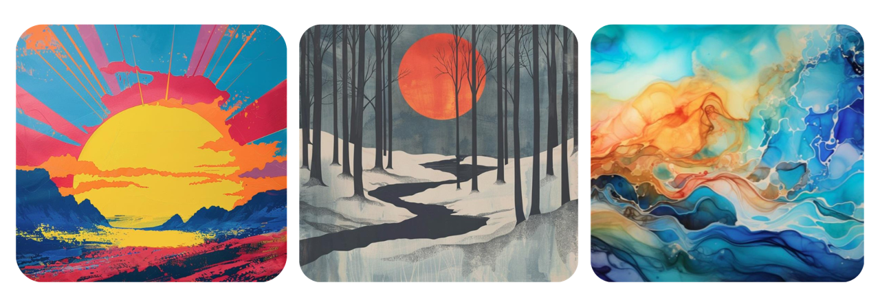 Three photos of Sarah's artwork pieces: a sunset, a snowscape and an abstract piece with blue and orange hues swirling around.