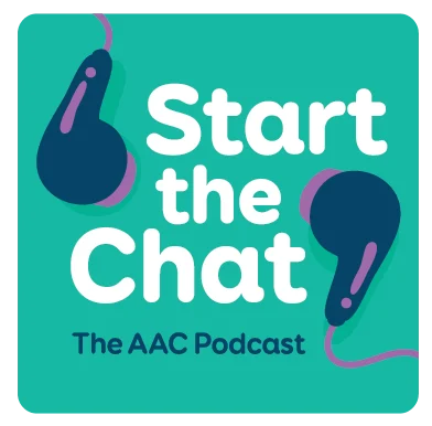 Start the Chat The AAC Podcast - logo. Teal background and navy and purple microphone.