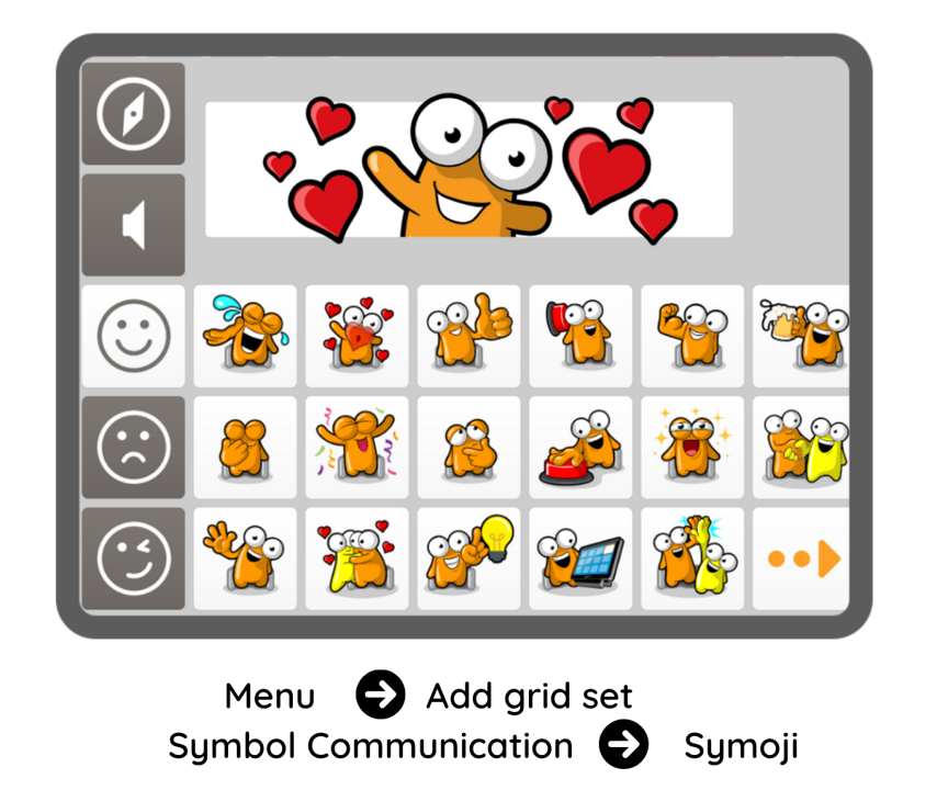 Screenshot of the Symoji grid set in Grid, showing symbols for emotions and social reactions.