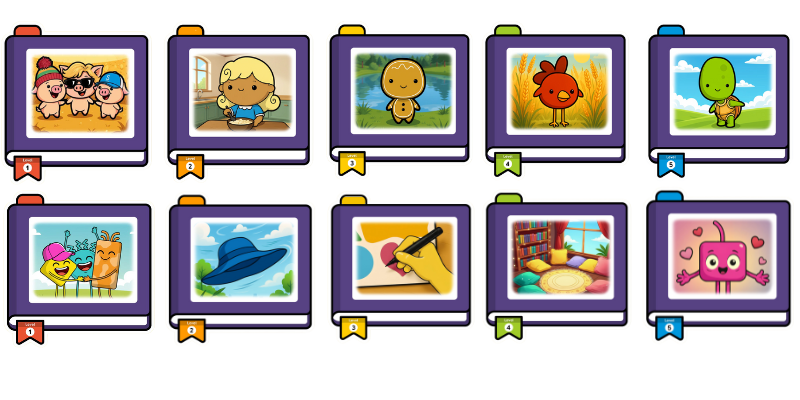 10 squares arranged in a grid showing cute graphic characters like a bird, a turtle, three little pigs and so on.