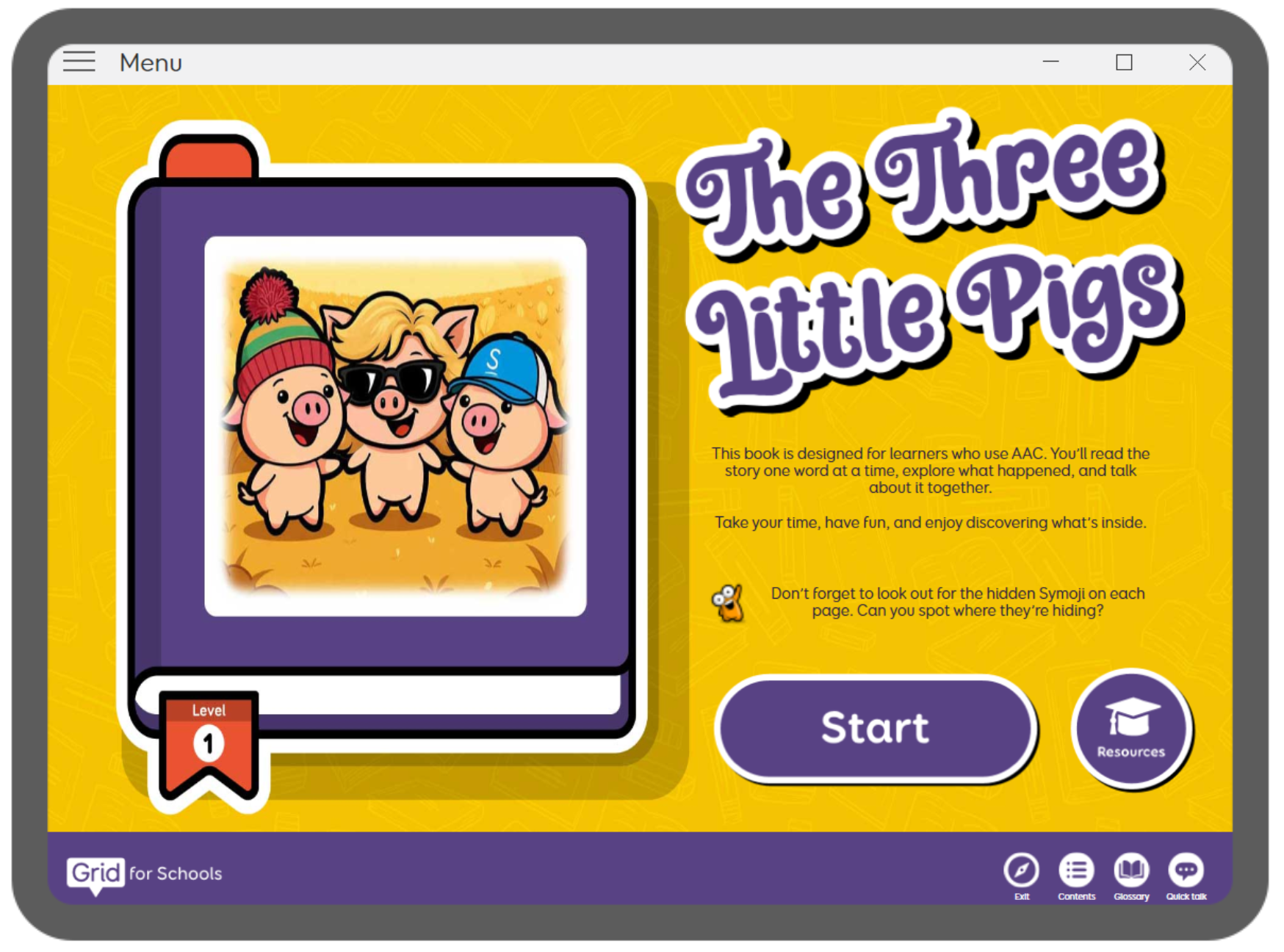 Screen showing the three little pigs story.
