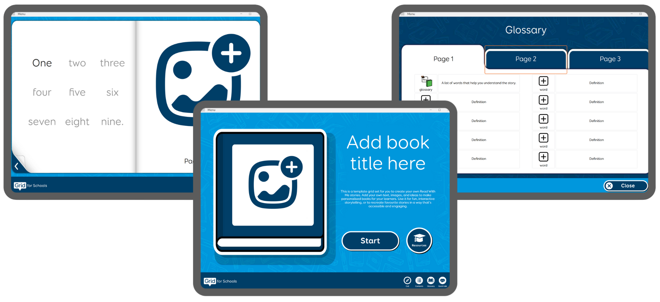 Three screens showing numbers as words, add book title here and glossary