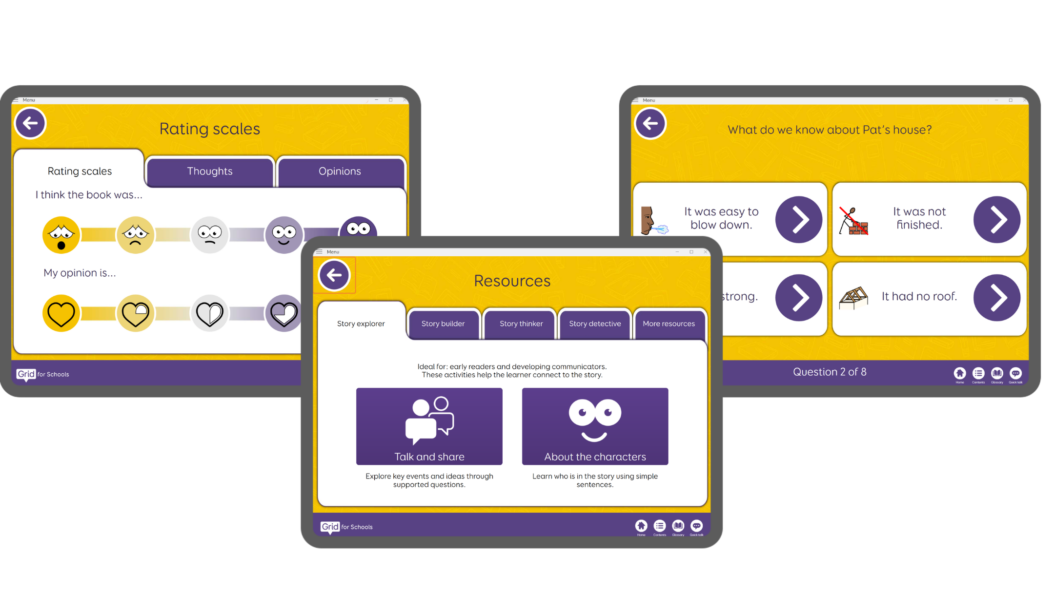 Three read with me screens showing rating scales, resources and what do we know about Pats house