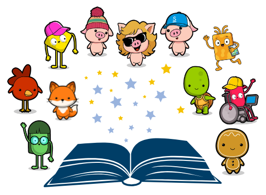Graphic of cute story book characters surrounding and pen book with stars